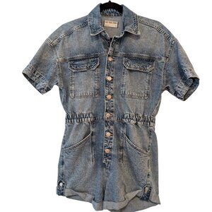 We The Free Womens Size XS Marci Blue Denim Short Sleeve Cuffed Shortall Romper